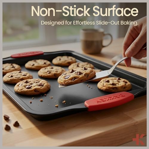BAKKEN Kitchen Baking Pan Set - Nonstick Coating, Carbon Steel Bakeware Sets with Red Silicone Handles, Baking Kitchen Essentials, PFOA, PFOS, PTFE Free, Oven Safe Tray (Up To 450° F), Set of 18 - Image 5