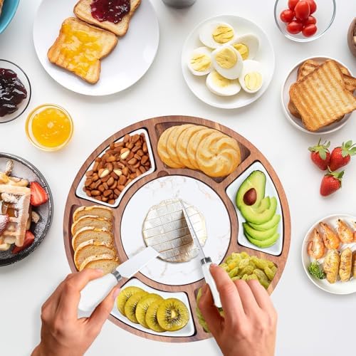360° Rotating Lazy Susan Cheese & Charcuterie Board Set - 13.5" Acacia with Built-in Slate Chiller, 3 Ceramic Bowls & 2 Cheese Knives - Housewarming, Birthday & Wedding Gift - Image 6