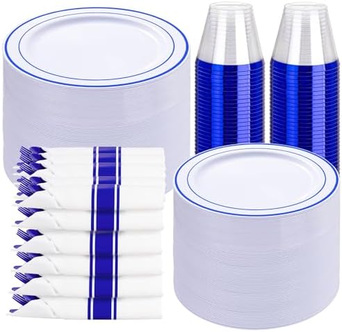 WELLIFE 350 Pcs Blue Plastic Plates for 50 Guests - Plastic Dinnerware Set,Party Supplies Includes 100 blue plates,150 Silverware,50 Napkins,50 Cups,Blue and White Plates by WELLIFE