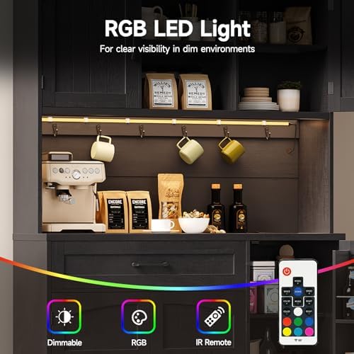 ONBRILL 71" Kitchen Pantry Storage Cabinet with LED Light/Outlet, Black - Image 6
