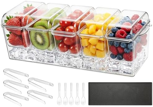 VEVOR Chilled Condiment Server Caddy, 5 Compartment Ice Cooled Serving Container, Plastic Fruit Garnish Tray Platter with Separate Lid, for Taco Salad Bar Accessories, Party Home Restaurant Supplies by VEVOR