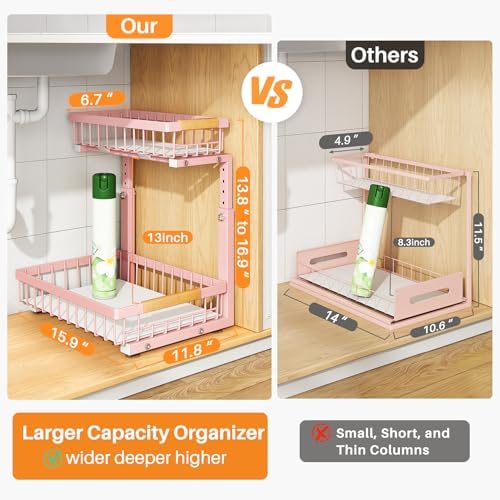 PXRACK Under Sink Organizer, Adjustable Height, 2 Tier Pull Out Under Cabinet Organizer, Slide Out Thickened Metal Under Sink Storage for Kitchen Bathroom Laundry Pantry Cabinet, Pink, Large-2-Pack - Image 2