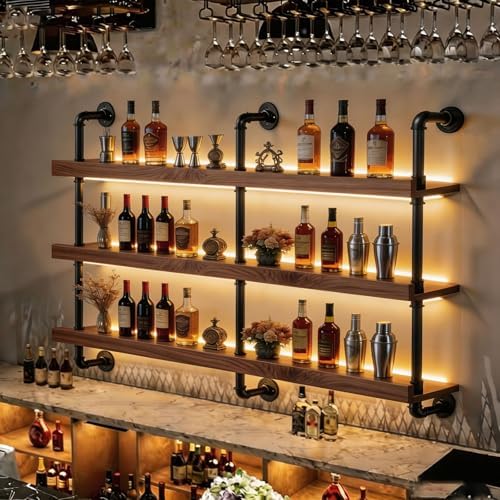 61IN Wall Mounted Wine Rack 3-Tier Industrial Pipe with LED Light by flowercart