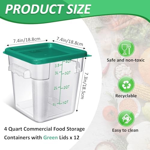 Yungyan 12 Pcs 4 Qt Commercial Food Storage Containers with Lids Restaurant Square Airtight Food Storage Containers Clear Cereal Containers for Kitchen Freezer Dishwasher Pantry(Green Lid) - Image 2