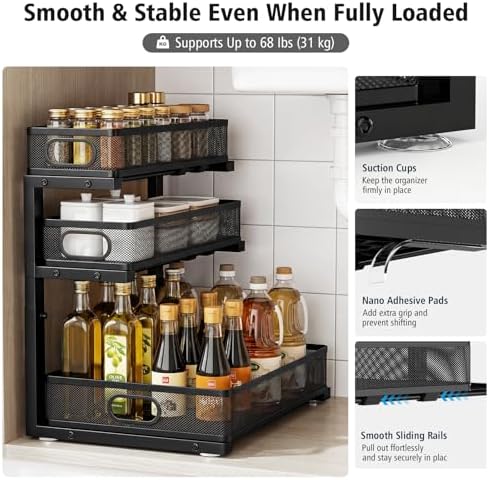 Under Sink Organizer, 3 Tier Pull Out Cabinet Organizer with 5 Adjustable Heights, Metal Under Sink Storage with Sliding Drawers for Kitchen, Bathroom, Pantry and Laundry Room, 2-Pack Black - Image 6
