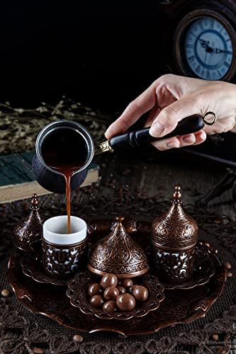DEMMEX Turkish Greek Arabic Coffee Making and Serving Full Set with Cups Saucers Lids Sugar Bowl Tray and Copper Coffee Pot, 12 Pcs - Image 5