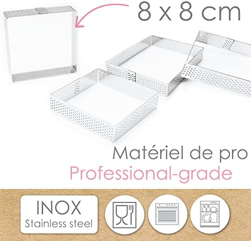 ScrapCooking - 4 Perforated Square Tart Circles - Individual Pie Frames 8 x 8 cm - Stainless Steel Baking Frame Moulds - Uniform Baking - Pastry Accessories for Cake Dessert - 1324 - Image 4