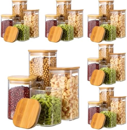 Qinyoung 24 Pcs Glass Storage Jars Airtight Bamboo Lids Glass Food Containers, 4 Sizes (0.5/0.6/0.8/1 Qt) Clear Square Pantry Organization Stackable for Pasta Candy Cookie Kitchen Food Cereal Coffee by Qinyoung