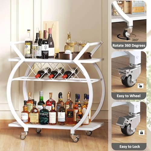 LVB White Bar Cart, Modern Rolling Serving Wine Cart with Storage for Home - Image 6