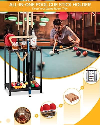 EXTCCT Pool Cue Rack Floor Stand, Metal & Wood, 12 Cues & Ping Pong, Black - Image 3