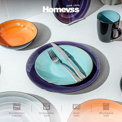 HomeVss, Stoneware Sonoma 16pc Dinnerware Set, Black + Speckled Spin Wash Mix Colors Grey, Orange, Purple, Turquoise - Image 3