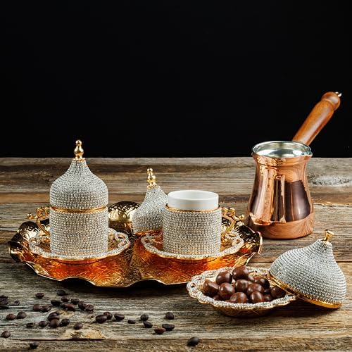 DEMMEX Turkish Greek Arabic Coffee Making and Serving Full Set with Cups Saucers Lids Sugar Bowl Tray and Copper Coffee Pot, Hand Decorated with Gold Crystals, 12 Pcs (Crystals) - Image 2
