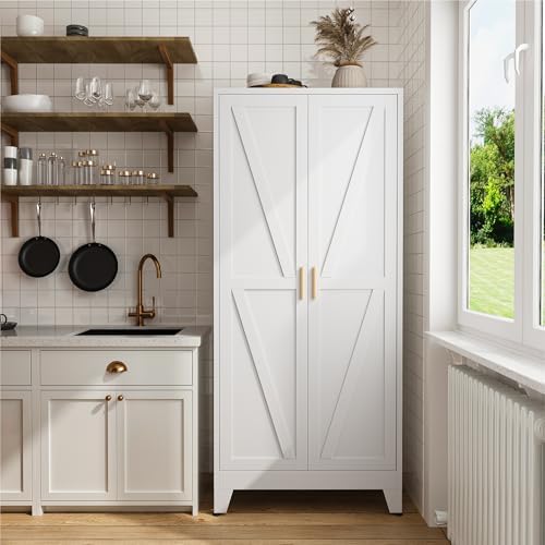 COFaR 71" Metal Pantry Cabinet with 5 Adjustable Shelves, White Storage Cabinet with Doors, Sturdy Freestanding Cupboard for Kitchen Organization, Living Room & Bathroom - Image 3