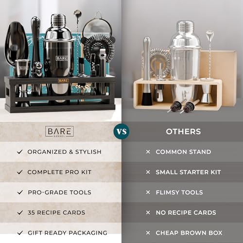 BARE BARREL® Mixology Bartender Kit Bar Set | 16-Piece Cocktail Shaker Set | Martini Barware Mixing Tools for Home Bartending | Incl. 35 Recipe Cards | Gift Set (24oz Cobbler Shaker, Jet Black/Black) - Image 6