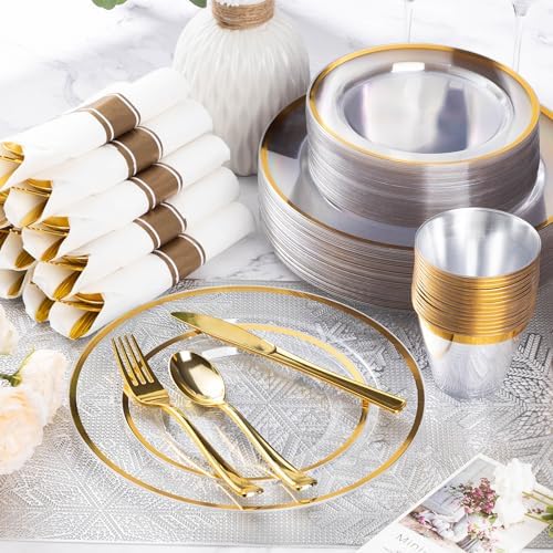 Goodluck 700 Piece Clear Gold Disposable Plastic Dinnerware Sets for Party - Image 4