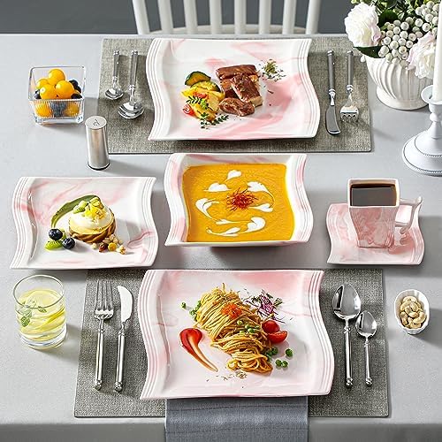 MALACASA Dinnerware Sets, 30-Piece Pink Plates and Bowls Sets for 6, Porcelain Dinnerware Set with Plates and Bowls, Cups and Sacuers, Square Dish Set, Modern Dining Ware Set, Series Flora - Image 3