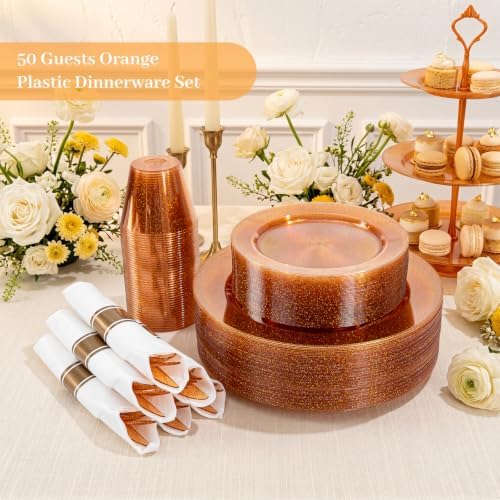 DaYammi 350PCS Orange Glitter Plastic Dinnerware Set for 50 Guests - Image 2