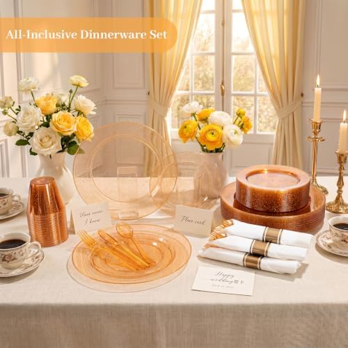 DaYammi 350PCS Orange Glitter Plastic Dinnerware Set for 50 Guests - Image 4