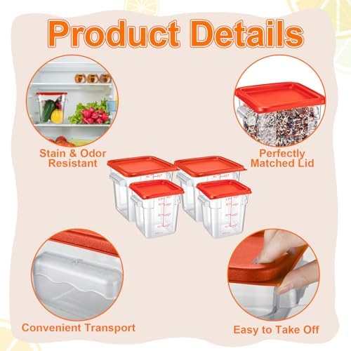 Suclain 8 Pack 4 QT and 6 QT Food Storage Containers with Lids Scales Handles Square Clear Restaurant Food Storage Containers Polycarbonate Commercial Grade for Kitchen Marinating Meat Dough(Red) - Image 3