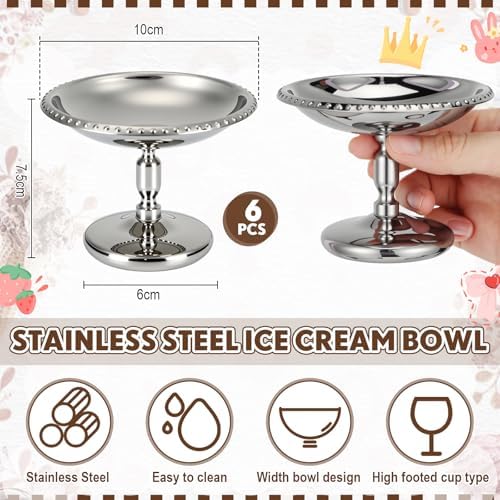 6 Pcs Mini Stainless Steel Ice Cream Bowls Vintage Silver Serving Pudding Dessert Cup Sauce Bowls Metal Round Footed Yogurt Snack Candy Cups for Mousse Fruit Salad Cake Wedding Party Favor - Image 2