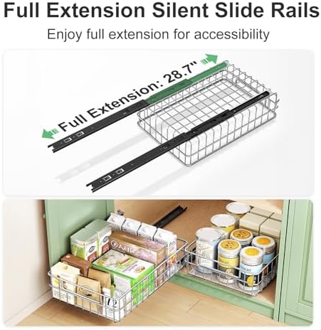 Pull out Cabinet Organizer, Stainless Steel 2-Pack (9.8"W x 16.5"D) Full-Extension Slide out Drawer, Adhesive Roll out Can Spice Storage Basket Shelf Rack for Pantry, Kitchen, Bathroom, Home Closet - Image 5