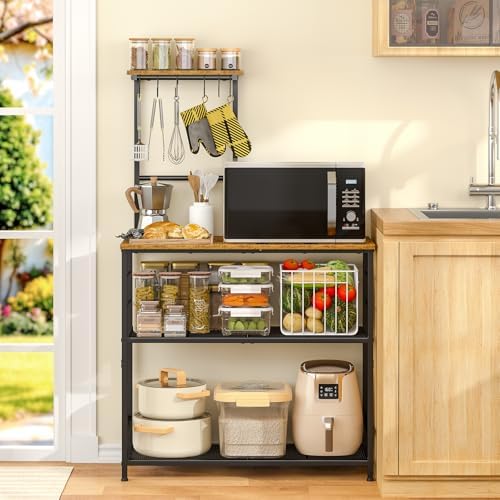 3IngSeagulls Bakers Rack with Storage, Kitchen Microwave Stand with Adjustable Shelf and 6 S Hooks, 4-Tier Coffee Station Table, Kitchen Shelves for Spices, Pots, Rustic Brown - Image 4
