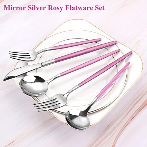 VANVRO Mirror Silver Rosy Silverware Set, 20-Piece Stainless Steel Flatware Set, Satin Finish tableware Cutlery Set, Service for 4, Home and Restaurant, Dishwasher Safe - Image 3