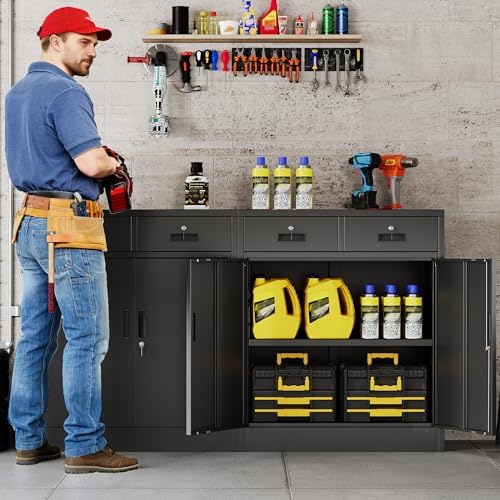 BESFUR Metal Storage Cabinet with Doors and Shelves, 36" H Locking Storage Cabinet with 2 Drawers, Reinforced Heavy Duty Metal Cabinets for Garage, Office, Home(Black) - Image 2