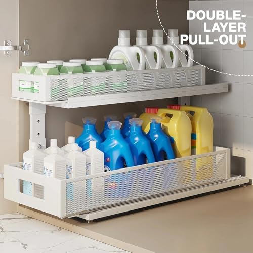 2 Pack 21.3IN-Depth Under Sink Organizer With Next-Gen Ball-Bearing Slides,2-Tier Pull Out Cabinet Storage,Height Adjustable Drawer Shelf for Bathroom,Kitchen,Laundry,Cabinet,Pantry-White - Image 4