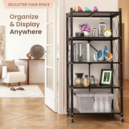 Our Modern Space 5-Tier Foldable Storage Shelf with Wheels | Metal Rack Collapsible Shelving Display | Rolling Cart for Books Kitchen Storage Shelves | Pantry & Closet Organizer | Office Room Decor - Image 6
