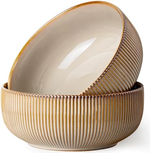 getstar Large Serving Bowls (8 inch & 60 fl oz), Ceramic Salad Bowl Set of 2, Microwave and Dishwasher Safe, Farmhouse Kitchen Decorative Bowls Set (Embossed Stripes, Vintage Yellow) by Getstar