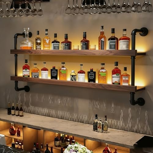 Wall Mounted Wine Rack with LED Light - 2-Tier Solid Wood Industrial Rustic Floating Shelves, Bottle Storage Organizer for Kitchen, Bar, Pub, Cellar, Home Bar (Walnut, 2-140cm/55.1in) by flowercart