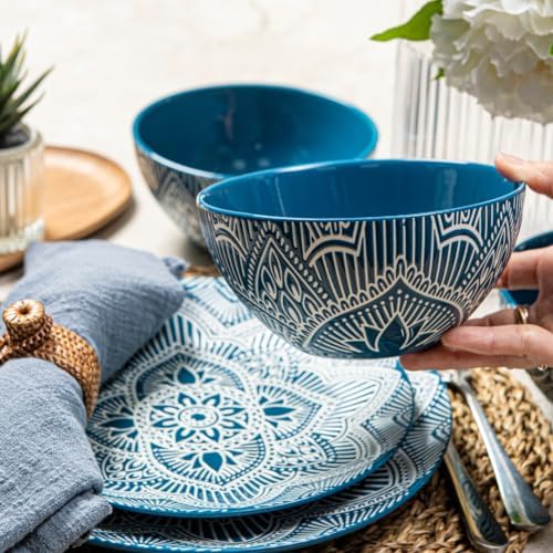 Bzyoo 12-Piece Ceramic Dinnerware Set: La La Mandala Blue Dish Set Design for Every Occasion - Microwave & Dishwasher Safe Stackable Plates Bowls - Image 3