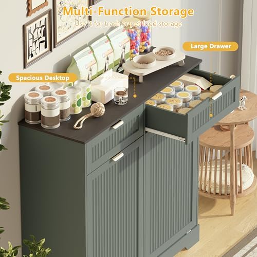 Double 13 Gallon Tilt Out Trash Can Cabinet,Garbage Cabinet with Drawer - Image 4