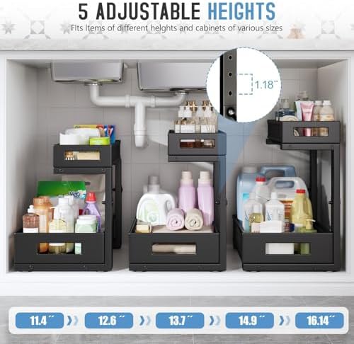 2-Pack Under Sink Storage Organizer, Large 2-Tier Elegant Mesh Pull Out Shelf for Kitchen and Bathroom Cabinet Organization, L-Shaped and Adjustable Height Design,Patent Pending-Black - Image 6