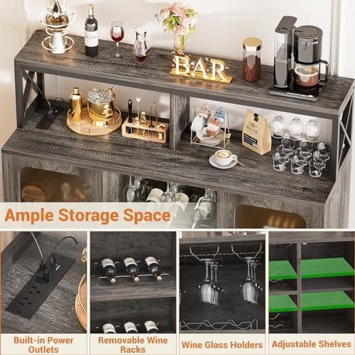 Aheaplus Bar Cabinet with Power Outlets, Liquor Cabinet with Led Lights and Glass Holder, Storage Buffet Cabinet Coffee Bar Cabinet for Liquor, Wine Cabinet with Racks for Home, Kitchen, Grey Oak - Image 4