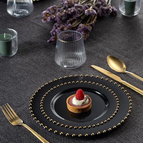 PLASTICPRO 128 Piece Combo Plastic Dinner Plates Disposable Plastic Fancy Heavy Duty Party Dishes 7 inch and 10 inch, Black and Gold Beaded - Image 4