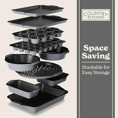 Country Kitchen Nonstick Stackable Bakeware Set - Heavy Duty, Durable, Easy Release Baking Set, Grey, 10 Pcs - Image 7