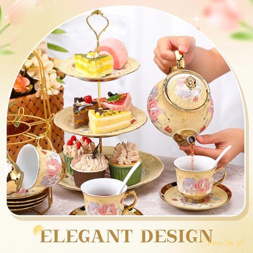 21 Pcs Porcelain Tea Set with 3 Tier Dessert Stand, Yellow, Vintage - Image 4