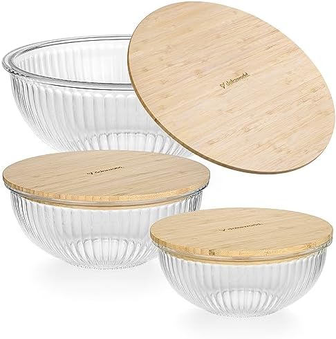 Stackable Space-Saving Nesting Set of 3 Glass Bowls - Bamboo Lids by Dokaworld
