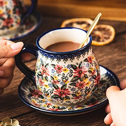 polish pottery style porcelain ceramic 10 piece Tea set,7.2oz tea cup and sauce set of 4,28.2oz teapot and wooden serving tray.（ Exotic Daisy） - Image 5