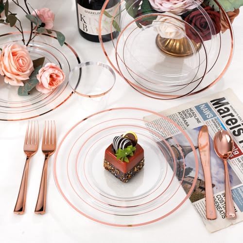 bUCLA 600PCS Clear Rose Gold Plastic Dinnerware Set Disposable - Include 100 Dinner Plates, 100 Dessert Plates, 100 Knives, 100 Forks, 100 Spoons, 100 Cups for Party & Wedding - Image 3