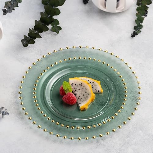 PLASTICPRO 128 Piece Combo Plastic Dinner Plates Disposable Plastic Fancy Heavy Duty Party Dishes 7 inch and 10 inch, Translucent Green and Gold Beaded - Image 6