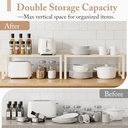 Extendable Metal Wire Shelf Organizer - Adjustable 15-24.4in Length, Stackable Storage Rack for Kitchen/Pantry/Bathroom/Shoe Cabinet/Tool Closet (2, Cream) - Image 3