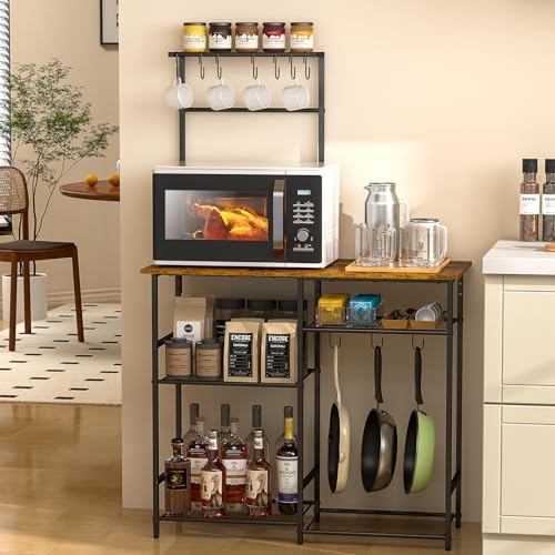 3IngSeagulls Baker's Rack for Kitchen with Storage, Microwave Stand with Adjustable Shelves and 10 S Hooks, 6-Tier Coffee Bar Station, Kitchen Shelves for Spices, Pots, Rustic Brown by 3IngSeagulls
