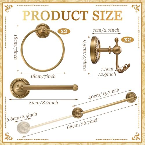 6 Pcs Antique Brass Gold Bathroom Accessories Set 15.7"-26.7" Solid Brass Towel Bar, Towel Ring, Toilet Paper Holder, Robe Hook, Wall Mounted Vintage Bath Hardware Fixture Set - Image 2