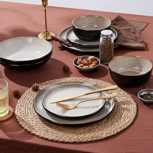 LIANYU Ceramic Dinnerware Set, 12 Piece Plates and Bowls for 4, Tidal Khaki - Image 6