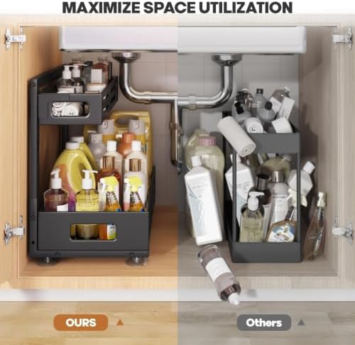 2 Pack 19IN-Depth Under Sink Organizer,Pull Out Cabinet Organizer With Smooth Cylindrical Rail,Metal Slide Out Drawer for Kitchen Bathroom Laundry,8-Level Tool Free Height Adjustable-Black - Image 6