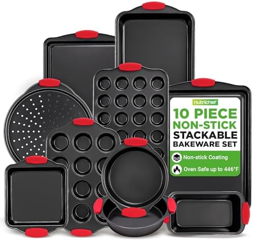 NutriChef 10-Piece Nonstick Kitchen Oven Baking Pans - Premium & Stylish Non-Stick Carbon Steel - Commercial Grade Restaurant Quality Metal Bakeware with Silicone Handles - Easy to Clean, NCSBS10S by NutriChef%E2%84%A2Kitchen