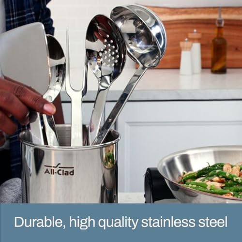 All-Clad 5-Piece Stainless Steel Kitchen Utensil Set – Includes Ladle, Solid Spoon, Slotted Spoon, Turner & Storage Caddy – Heavy-Gauge, Ergonomic, Dishwasher Safe, Silver (Pack of 2) - Image 5